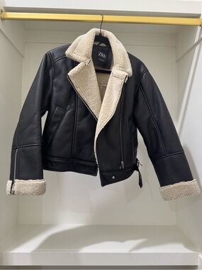 ZARA Black Faux Leather Jacket with Cream Shearling